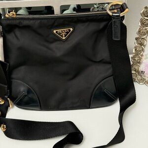 ❌Trade❌Prada Black Nylon Crossbody with Leather Corner Trim and Gold Hardware
